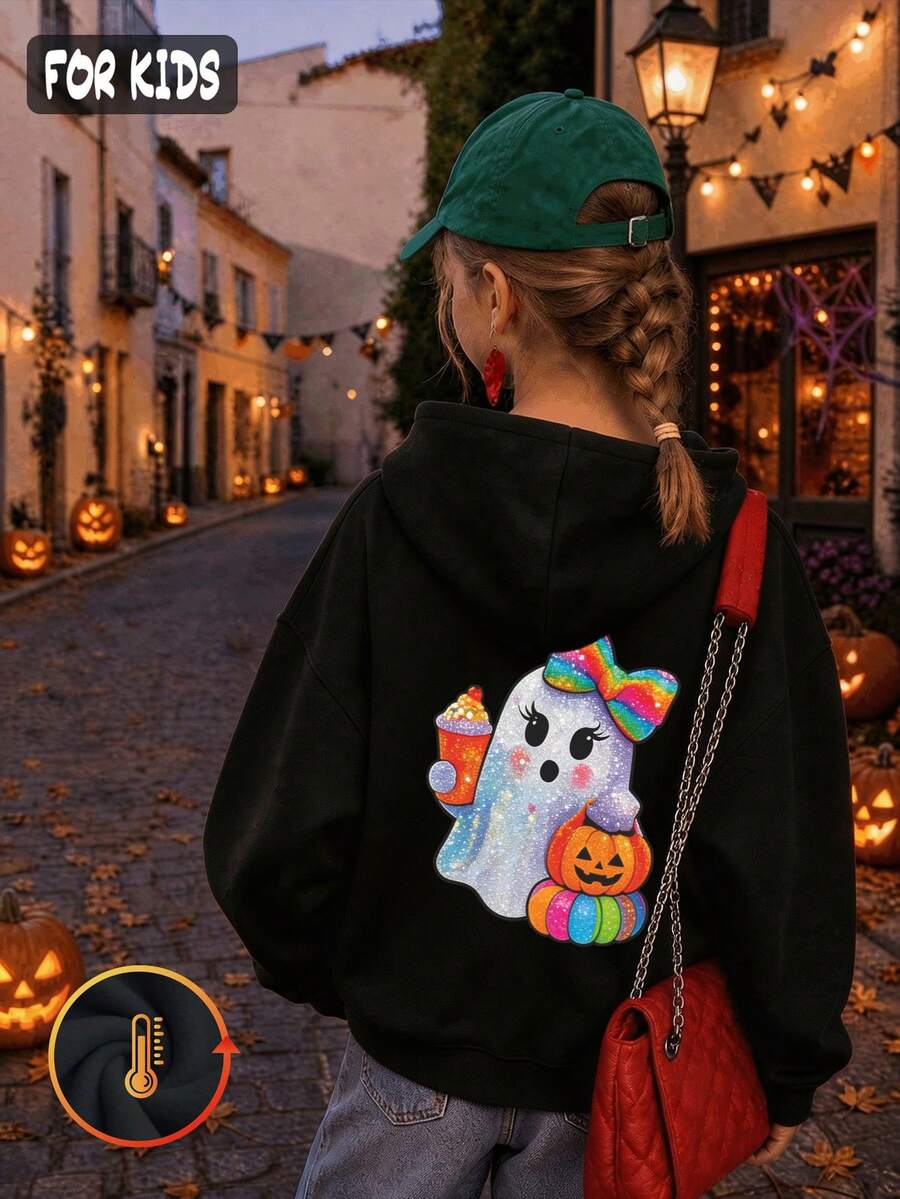 Halloween Autumn Winter Girls' Hooded Fleece Sweatshirt With Rainbow Bow Ghost Holding Ice Cream And Pumpkin Print - Black - View 1
