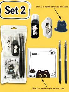 1 Set Black Cat Themed Stationery Set: Ballpoint Pen + Scissors + Correction Tape + Eraser + Sticky Notes, Cute Ins Style Student Stationery Gift Box, Back To School Essential, Stationery Gift Set, Adorable Cartoon Stationery Set - Sets - View 9