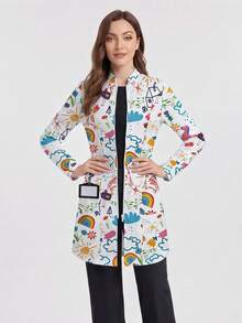 Bata de laboratorio con estampado y cremallera delantera con doble bolsillo para mujer - Blanco - Ver 3