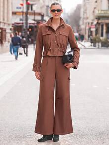 Women's Autumn New Utility Stand Collar Crop Top & Wide Leg Pants 2 Pieces Set, Cinched Cinched Waist Top With 3D Utility Pockets, Suitable For Commuting, Shopping, Dating, Teacher Wear - Brown - View 3
