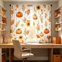 2pcs Fall Pumpkin Sunflower Curtains, 2D Flat Print With Autumn Maple Leaves & Sunflowers Pattern, Semi-Sheer Rod Pocket Window Drapes For Living Room Bedroom, Fall Harvest Home Decor - Multicolor - View 6