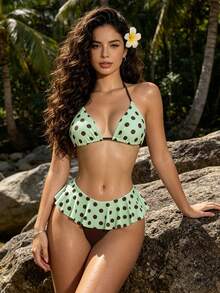 Atutua Sexy Polka Dot Print Halter Neck Bikini Set, Suitable For Beach Vacation In Summer - Mint Green - View 2