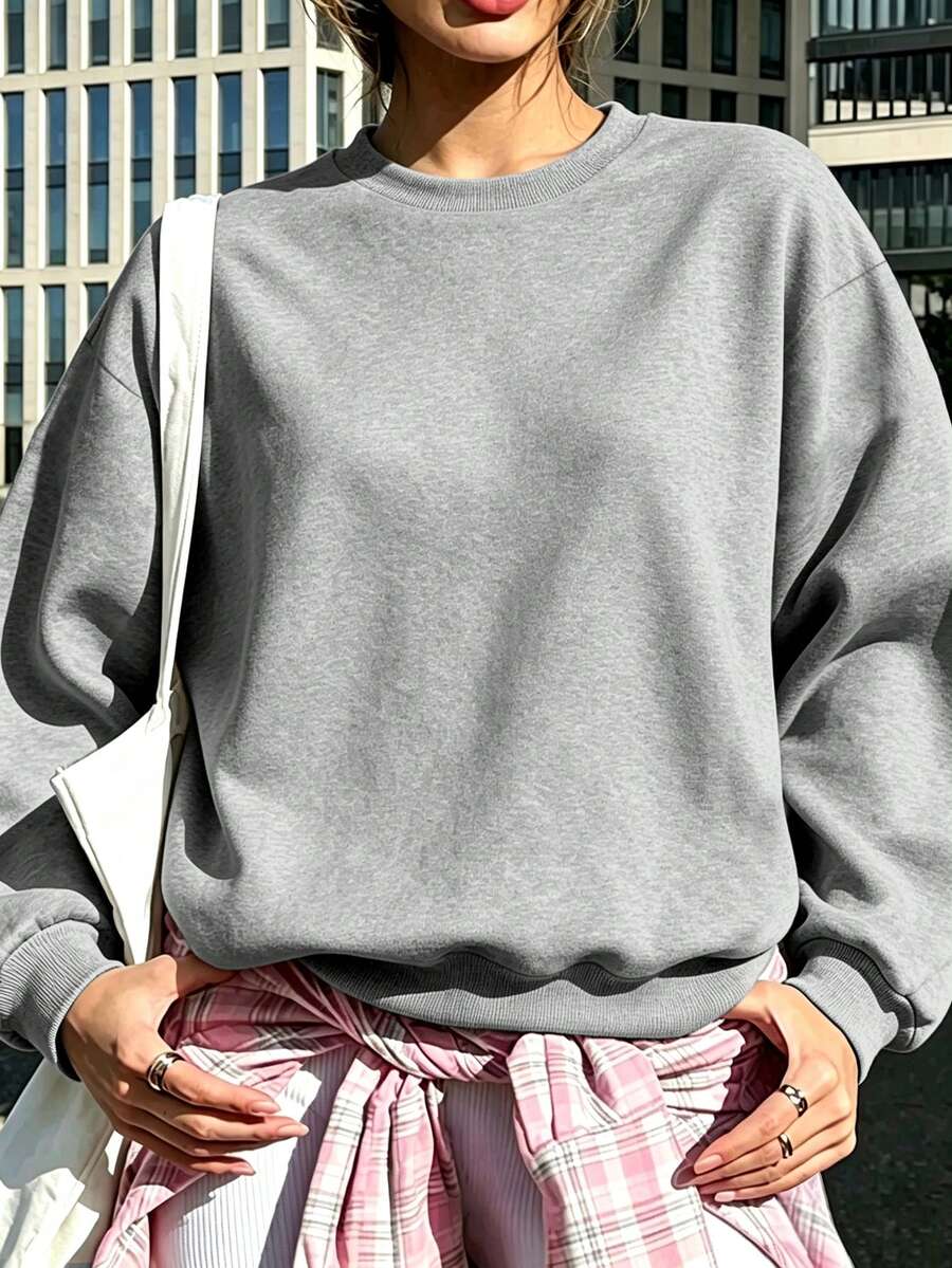 Women's Plus-Size Casual Crew-Neck Sweatshirt – Suitable For Daily Wear And Outdoor Activities (Autumn/Winter) - Grey - View 1