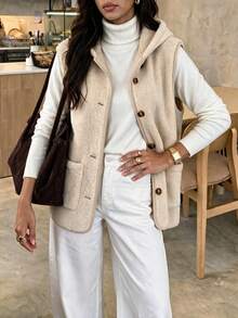 Women's Autumn/Winter Single Piece Hooded Drawstring Lamb Wool Sleeveless Vest Single-Breasted Large Pocket Loose Slouchy Daily Commute Outerwear Faux Fur Vest Fallfashion - Apricot - View 5