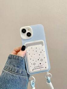 Star & Moon Card Holder Phone Case With Wrist Strap For IPhone 15, Creative Shockproof Protective Cover For IPhone 14, 13, New Style - Blue - View 2