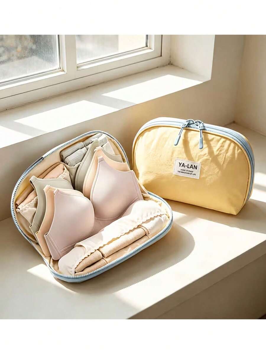 3-In-1 Bra Storage Bag / Color Block Bra Pouch / Travel Underwear Organizer Bag / Multi-Layer Underwear Storage Bag / Dust-Proof Underwear & Socks Organizer Bag / Intimate Apparel Storage Bag / Portable Travel Storage Bag - Yellow - View 1
