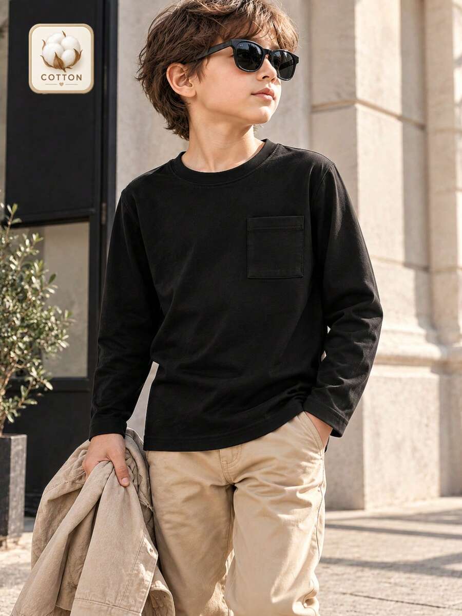 男孩女孩適用 純棉經典簡約口袋黑色長袖T恤,適合日常休閒度假穿著,可搭配多款外套 - 黑色 - 查看 1