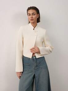 Women's Minimalist Stand Collar Asymmetric Short Blazer Jacket Autumn - Beige - View 5