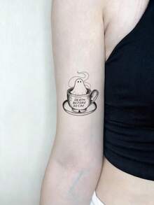 1pc Temporary Tattoo Sticker, Line Art Ghost In Coffee Cup Pattern, Realistic Fake Tattoo Design, For Daily Wear, Bachelorette Party Favors, Music Festival, Game, Graduation Gift, Lasts 3‑5 Days - Black - View 5