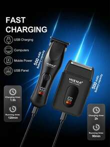 HIENA Men's Hair Clipper & Trimmer Electric Set, Cordless Hair Clipper + Reciprocating Shaver, Suitable For Carving, Trimming, Facial Shaving, USB Fast Charging, LED Display, Home Gift, Holiday Gift - Black - View 6