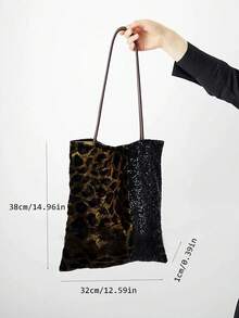 2026 New Leopard Print Sequin Shoulder Bag Women's Underarm Chinese Style Colorblock Canvas Tote Handbag - Black - View 8