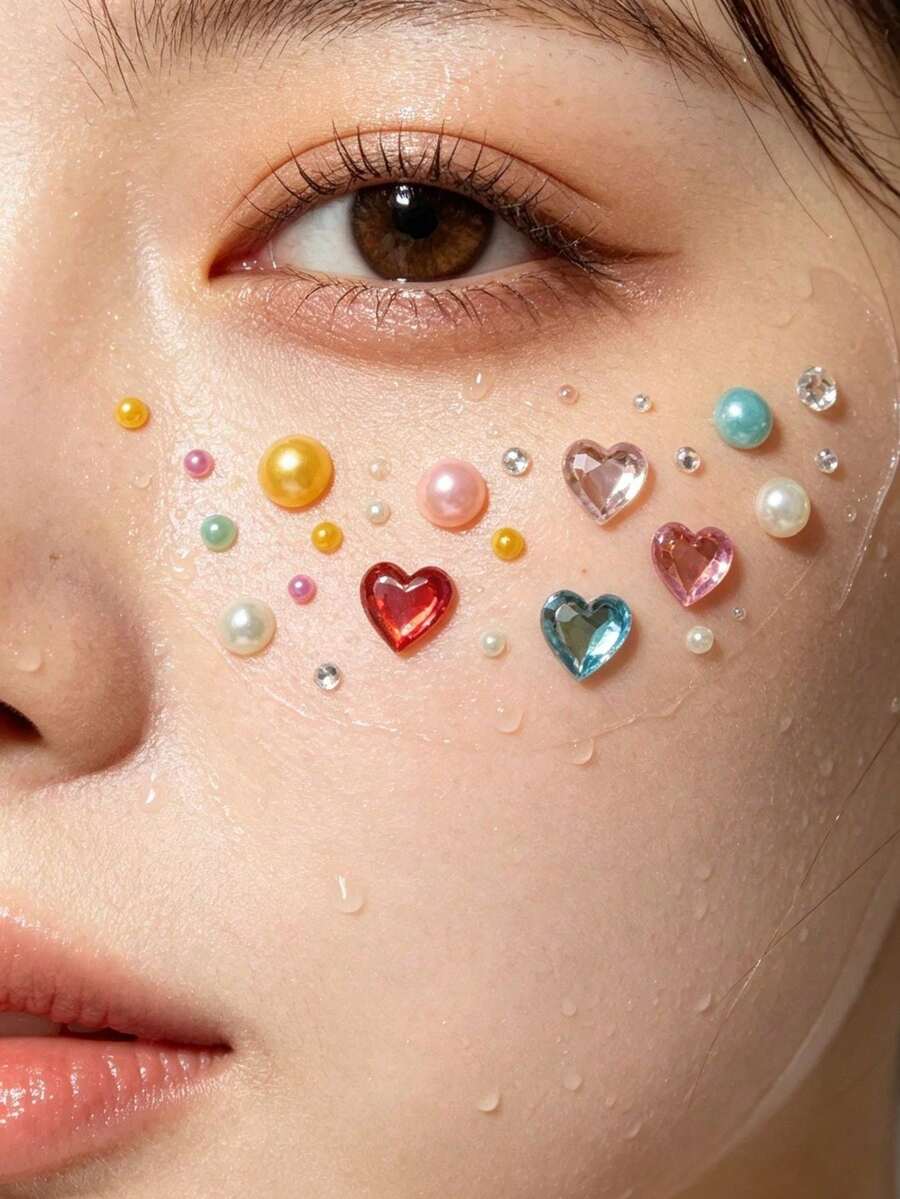 Macaron Colorful Pearl Heart Face Sticker Set With Tweezers, Mixed Color 3D Rhinestone Stickers, Self-Adhesive Eye And Face Makeup Decoration, Suitable For Girls Creative Photography Eye Makeup, Halloween Costume - Multicolor - View 1