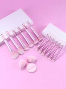 1 Set Pink Transparent Handle Multi-Function Full Makeup Brush Set: Powder Brush, Blush Brush, Foundation Brush, Eyeshadow Brush, Primer Brush, Contour Brush, Randomly Shipped, Essential For Beginners - Pink - View 3