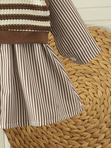 2pcs Baby Girl Academy Style Long Sleeve Striped Shirt Dress & Vest Set, Thin Spring/Autumn - Khaki - View 7
