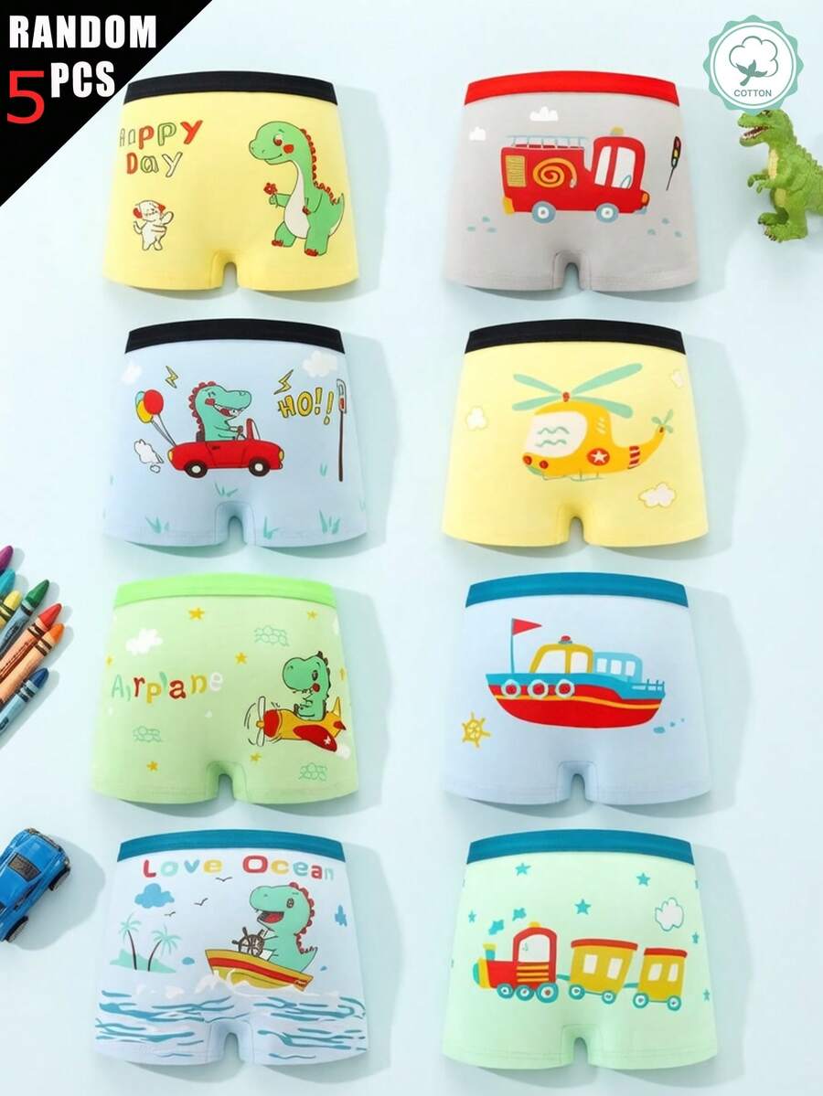 5 buah celana dalam boxer anak laki-laki lucu acak, motif kapal kartun & dinosaurus, pakaian dalam anak laki-laki katun yang nyaman dan bernapas. - MultiWarna - View 1