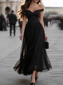 DONICY Elegant Blackoff-The-Shouldertullemaxidress, Romanticsweetheart Neckline, Fittedbodicewithlayeredtulleskirt, Perfect For Evening Parties And Weddings. - Black - View 8