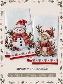 2pcs Cartoon Snowman & Deer With Red Plaid Scarf Pattern Kitchen Towels, 40*60cm Soft Microfiber Tea Towels, Suitable For Home Kitchen Restaurant Outdoor Camping Tabletop Cleaning Dish Cloth Hand Towel Accessories, Winter Christmas Holiday Theme Kitchen Towels Holiday Gift - Multicolor - View 12