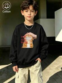 Kids' Cute Cat Print Pullover Sweatshirt, 'To Be Loved Like This' Red Text, Loose Fit Round Neck Long Sleeve, - Black - View 4