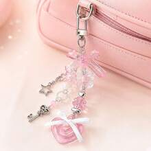 Transparent Beaded Keychain, Pink Bow Heart Key Ring, Bag Charm Pendant, Phone Strap, Backpack & Handbag Accessory - Multicolor - View 3