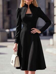 Ladies' Autumn Elegant Solid Color Bubble Sleeve Dress - Black - View 4