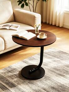 Modern Round Side Table, 40 Cm Marble-Effect & Walnut Top, 58 Cm High, Thick Steel Frame, Sofa & Bedside Accent Table – 3 Colours - Black - View 2