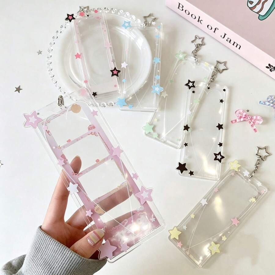 Colorful Star Acrylic Life Quadrant K-Pop Card Holder, Star Design Fangirl Y2Y Style Bag Charm Quad Card Holder Accessory