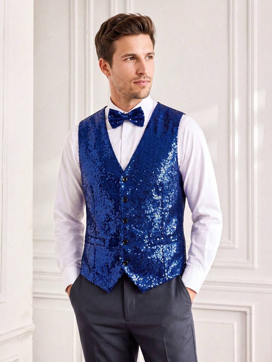 Officeau Men's Stage Performance Vest With Small Sequins, Photo Studio Photography, Host, Singer, MC Vest - Blue - View 1