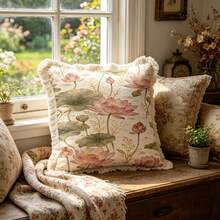1PC French Elegant Printed Pillow Cover With Tassel Border, Double-Sided Decorative Pillowcase, Pink Lotus Design Pattern, Home Decoration, Sofa, Bed, Bedroom(Excluding Pillow Core)-Size Excludes 3cm Tassels - Multicolor - View 6