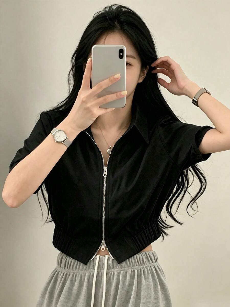 YCYC 女款甜美夏季純色雙拉鍊短袖休閒襯衫 - 黑色 - 查看 1