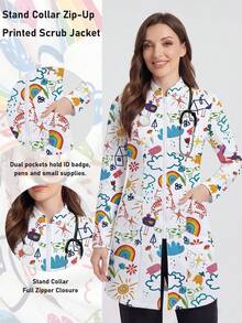 Bata de laboratorio con estampado y cremallera delantera con doble bolsillo para mujer - Blanco - Ver 1
