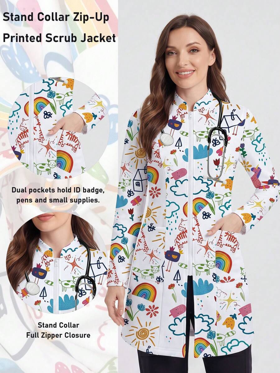 Bata de laboratorio con estampado y cremallera delantera con doble bolsillo para mujer - Blanco - Ver 1