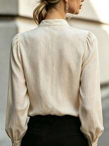 Women's Fall/Winter Beige Pure Cotton Stand Collar Pleated Long-Sleeve Shirt, Pearl Button Loose Blouse, Elegant Occasion Wear For Daily Commute Date - Brown - View 3