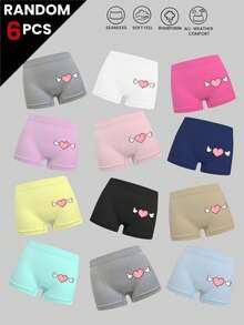 6Pcs Random Color Girls Seamless Shorty Panties Heart Print Mid Waist Underwear Shorts Fall Layering Back To School Basic Briefs - Multicolor - View 3