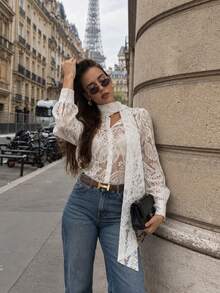 Women's Vintage Lace Semi-Sheer Ribbon Top, Early Autumn Long Sleeve Atmospheric Cuffed Button Decor Elegant Fashion Top, Suitable For Commuting, Dating, Tea Party, Airport - Apricot - View 6