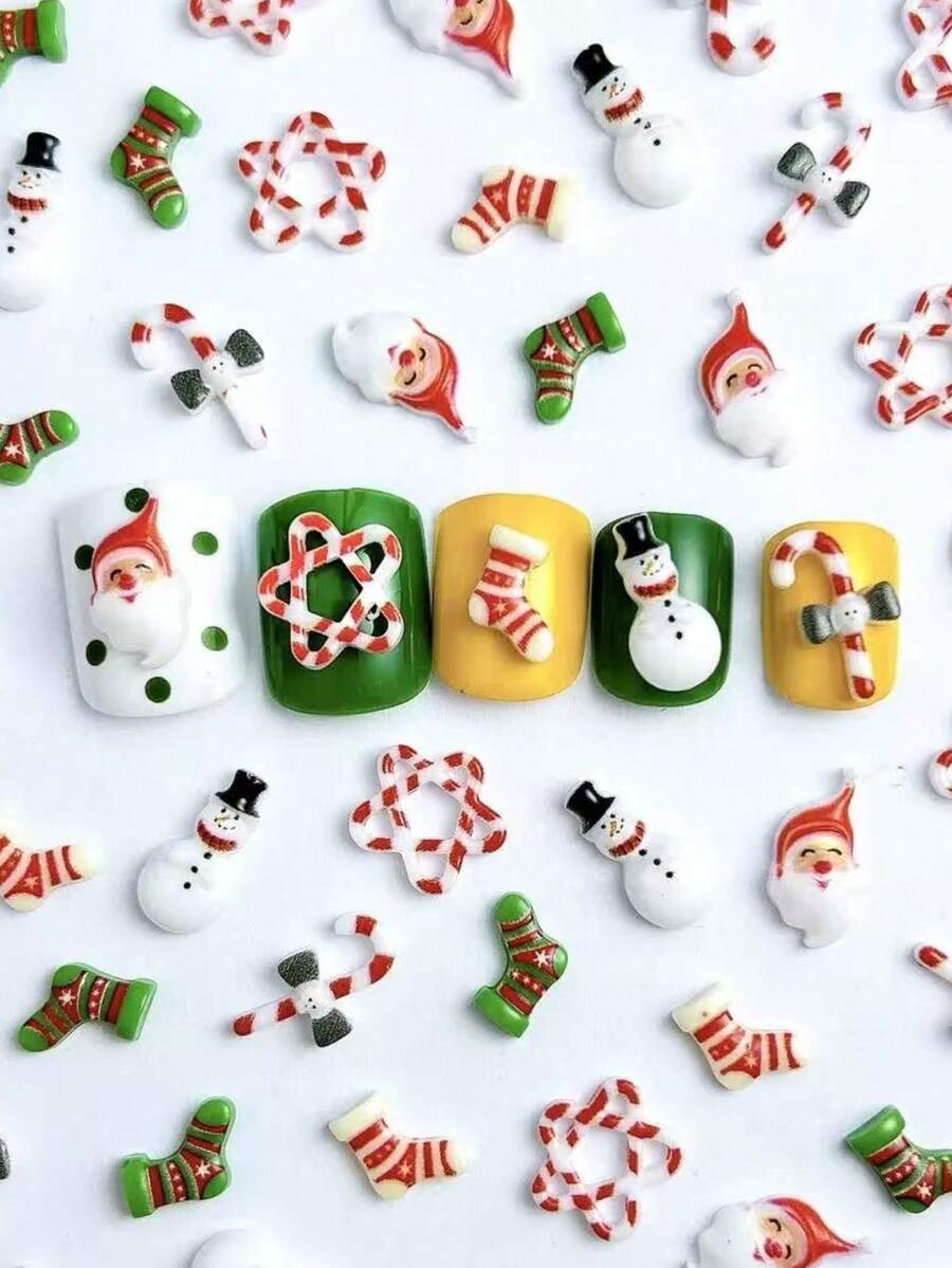 20pcs Random Mixed Christmas Santa Claus & Christmas Tree Nail Art Charms, 30pcs Random Mixed Christmas Style Nail Decorations, DIY Nail Art Design Green & Red Christmas Nails - Multicolor - View 1