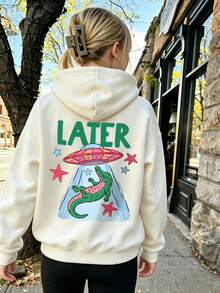 Áo hoodie chui đầu casual cho bé gái, in lưng hoạt hình cá sấu UFO - Màu be - Xem 1