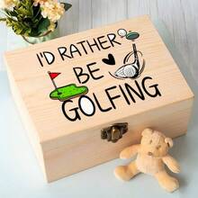 Wooden Storage Box With Natural Wood Grain Pattern, Featuring "I'd Rather Be Playing Golf" Text And Golf Club And Flag Print, Suitable For Golf Enthusiasts Men And Women - Multicolor - View 7