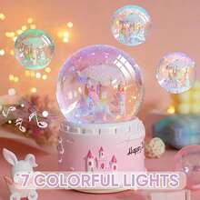 1pc Castle Crystal Ball Dreamy Snowing Music Box Glowing Christmas Gift For Boys And Girls Home Decor Ornament (Battery Not Included) - Blue - View 6