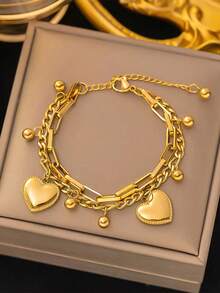 INS Hip-Hop Couple Bracelet, Vintage Double-Layer Heart Design, Minimalist Cold Tone Beaded Chain Wrist Ornament - Multicolor - View 11