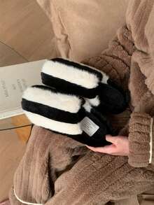 XIXITIAO Minimalist Striped Closed Toe Slippers, Winter Warm Soft Sole House Slippers - Black - View 6