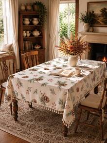 1pc Christmas Winter Minimalist Pine Branch Berry Pine Cone Pattern Polyester Cotton Lace Tablecloth, Stain-Resistant With Tassel Fringe, Suitable For Square/Round Tables, Kitchen, Dining Table, Coffee Table, TV Stand, Entryway, Party Holiday Decor, Home Decor, Christmas Gathering - Multicolor - View 4