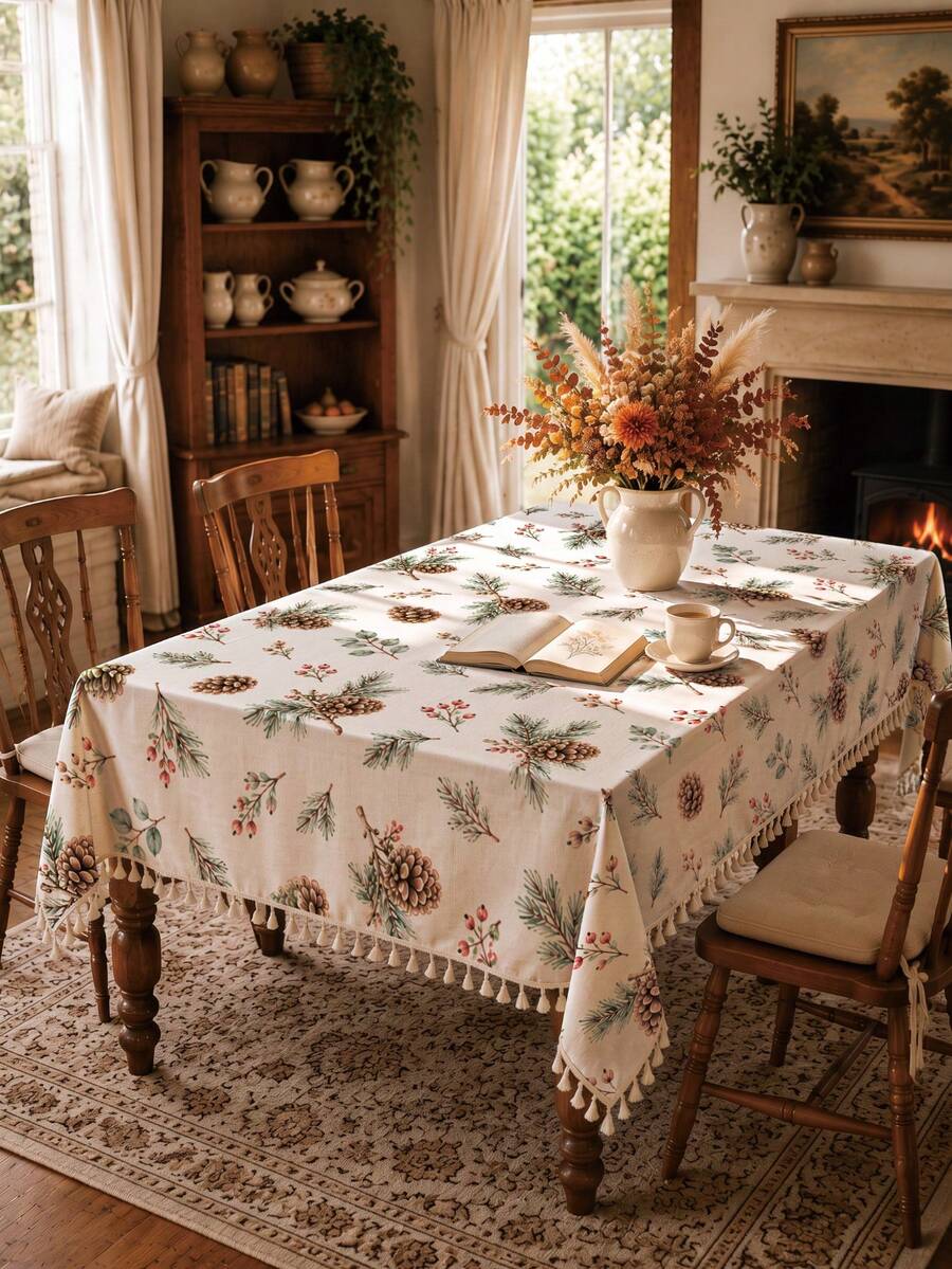 1pc Christmas Winter Minimalist Pine Branch Berry Pine Cone Pattern Polyester Cotton Lace Tablecloth, Stain-Resistant With Tassel Fringe, Suitable For Square/Round Tables, Kitchen, Dining Table, Coffee Table, TV Stand, Entryway, Party Holiday Decor, Home Decor, Christmas Gathering - Multicolor - View 1