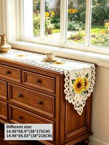 1pc 100% Polyester Vintage Sunflower Embroidery Table Runner, Fall Hollow Out Floral Table Runner, Boho Farmhouse Table Centerpiece For Kitchen Dining Room Wedding Party Decor - Multicolor - View 18
