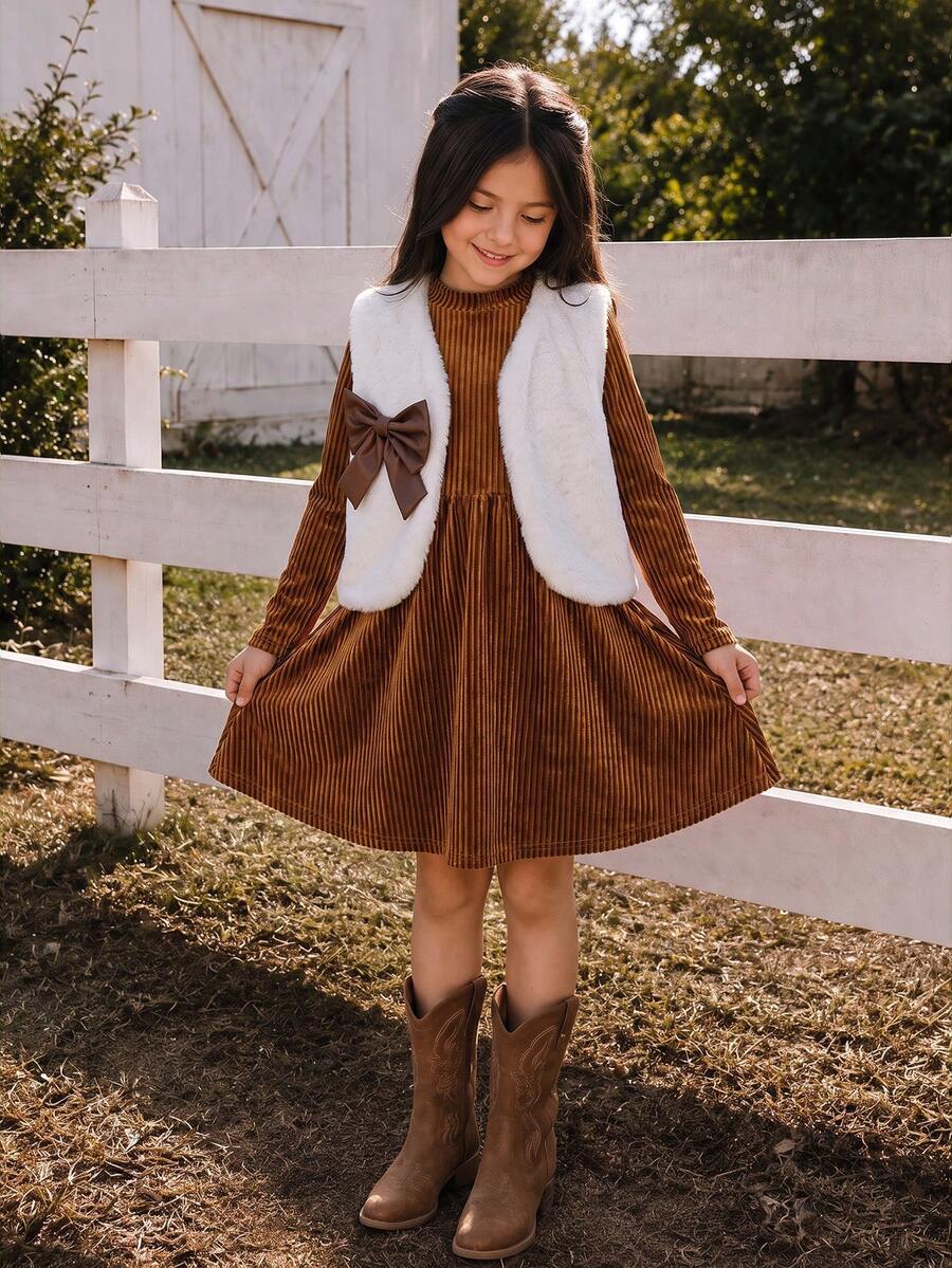 Tween Girls Tween Girl Autumn/Winter Dress Set, 2pcs Halloween Christmas Outfit, Brown Coffee Color Fuzzy Vest Jacket With Bowknot, Sweet Fashion Streetwear Matching Set - Multicolor - View 1