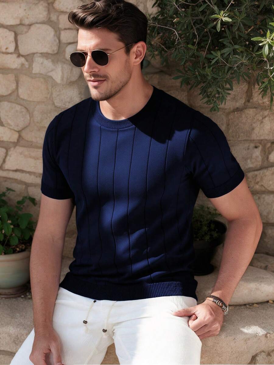 ALTZTAR Men's Thin Solid Color Short Sleeve Knit Vertical Striped Crew Neck Top