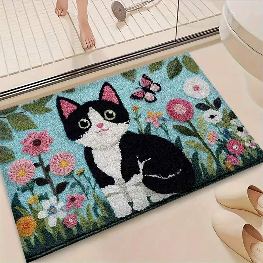 1pc Cat And Floral Print Design Microfiber Bath Rug, Non‑Slip Soft Bathroom Mat, Water‑Absorbent Doormat, Machine Washable, Low Pile, TPR Backing, Knit Fabric, For Bedroom, Kitchen, Entryway, Indoor Use, Home Decor, Perfect New House Gift. - A - View 1