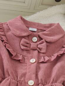1pc Girls' Gentle Lady Style Corduroy Lapel Ruffle Bow Decor Single-Breasted Waist-Cinching Dress, Spring/Autumn - Dusty Pink - View 4