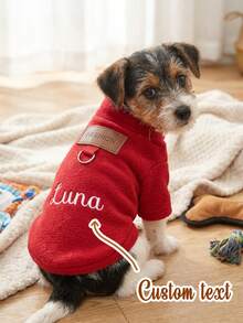 Custom Embroidered Name Dog Fleece Shirt, Stand Collar Warm Puppy Top With Harness D-Ring, Birthday Gift For Small Medium Dogs - 1 Set - View 1