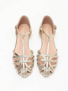 New Fashion Women's Round Toe Simple Cross Strap Hollow Out Sandals - Gold - View 4