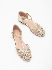 New Fashion Women's Round Toe Simple Cross Strap Hollow Out Sandals - Gold - View 3